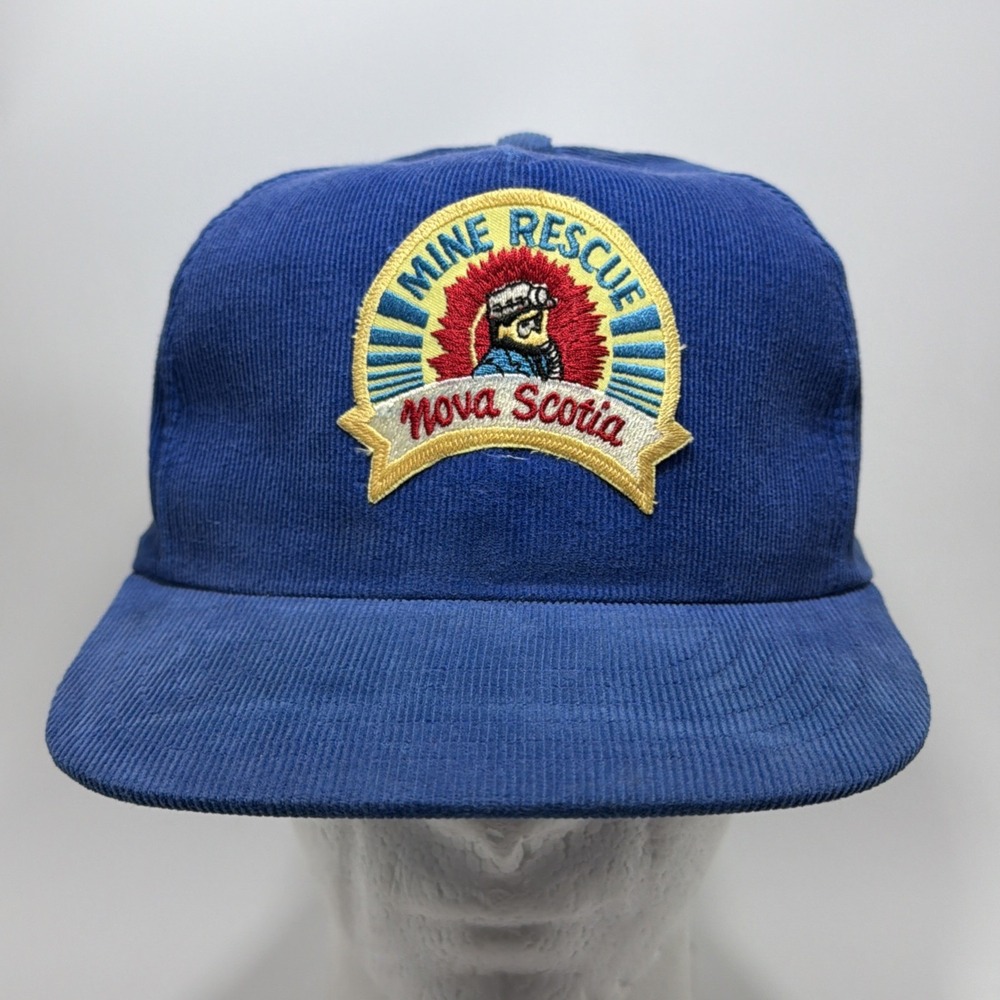 Vintage Nova Scotia Mine Rescue Trucker Hat Blue Corduroy Snapback Cap 80s